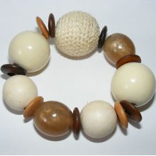 Brown Tan Cream Fabric Glass Wood Chunky Bead Stretch Bangle Bracelet 7.5