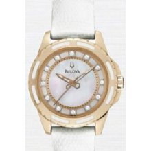 Bulova Ladies` Rose Gold-tone Diamond & Mother-of-pearl Watch W/White Strap