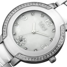 Burgi White Ceramic Watch Mother Of Pearl Diamond Quartz Silver Links â¤