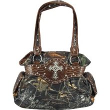 Camouflage Cinch Handbag Rhinestone Cross Brown Trim