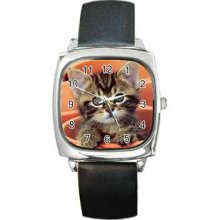 Cat Kitten Unisex Silver-Tone Square Metal Watch 13