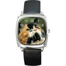 Cat Kitten Unisex Silver-Tone Square Metal Watch 26