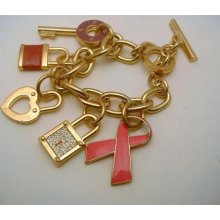 Charm Bracelet Pink And Purple Enamel Crossed Ribbon And Heart