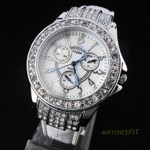 Charming Clear Crystal Fashion White Pu Belt Analog Quartz Watch Ladies Hot Gift