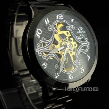 Chic Mens Transparent Dial Stainless Steel Band Automatic Mechanical Watch Black