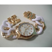 Chronograph Style Bracelet White/ Gold Finish Boyfriend Watch