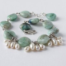 Chrysocolla Quartz Bracelet with White Pearls in Sterling Silver, Unique Artisan Jewelry