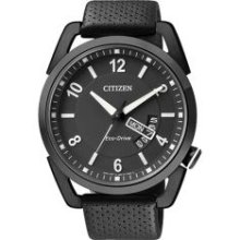 Citizen Men Eco Drive Black Case Leather Band Day Date 100m Aw0015-08e