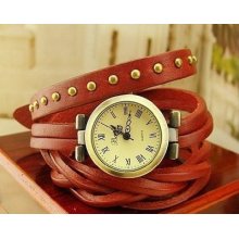 Classic Elegant Leather Strap Roma Number Dial Quartz Woman Watch Dark Red Color