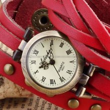 Classic Red Long Leather Strap Roman Number Dial Lady Quartz Bracelet Watch Usts