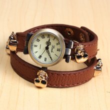 Classic Skull&crossbones Coffee Leather Flexible Band Mens Womens Watch+box