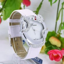 Classic Snake Quartz Crystal Women Leather Analog Elegant Wrist Watch White Band