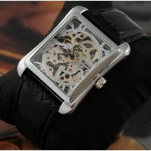 Classic Square Silver Hollow Out Dial Mens Mechanical Watch Black Leather