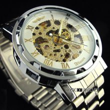 Classical Roman Numerals Men Golden Skeleton Automatic Mechanical Steel Watch