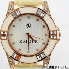 Clear Crystal Rhinestone Decor White Leather Band Fashion Quartz Wrist Watch