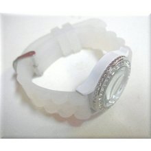 Clear Silicone Band Watch In Ceramic Style With Rhinestones Cz Bling