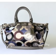 COACH Set Madison Graphic Op Art Sequin Sophia Satchel + Wallet Gunmetal Purple