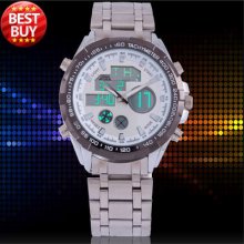 Cool Stylish 2 Movements Men Quartz Digital Wrist Watch Light Silver Steel Week