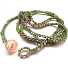 Crochet wrap bracelet, beaded, pink, olive, spring petals, spring fashion, boho necklace, bohemian jewelry, crochet jewelry, fiber jewelry