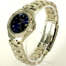 Crystal Bezel Day Blue Face Links Band Clipper Bracelet Watch Silver