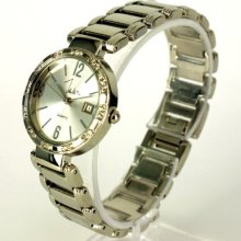 Crystal Bezel Designer Date Link Band Clipper Bracelet Watch Silver