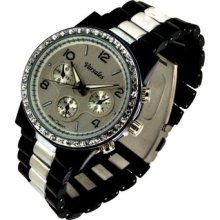 Crystal Clear Bezel Silver Face Black Lucite Onyx Tone Link Bracelet Watch