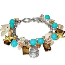 Crystal Glass Beads Flower Seashell Starfish Charm Toggle Bracelet