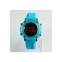 Crystal Shell Silicone Band Digital Red LED Light Sports Style Round Mirror Steel Face Wrist Watch Skyblue