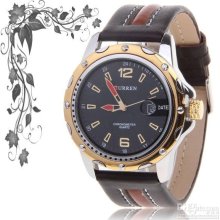 Curren Men's Quartz Hours Analog Black Round Dial Golden Case Leathe