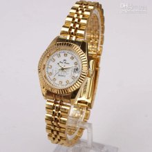 Delicate White Dial Date Crystal Index Women Gold Watch Stl Quartz S