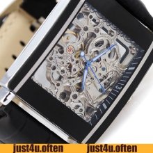 Deluxe Mens Automatic Luxury Wristwatch Steel Retangle Case See Through Accurate