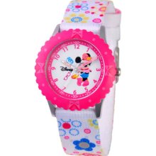 Disney Minnie Mouse Kids Time Teacher Japanese Quartz Pink Bezel Woven Nylon Strap Watch