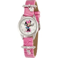 Disney Women's Minnie Mouse Pink Heart Charm Watch, Simulated-Leather