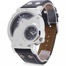 Dual Time Zone Display Men Watch Black Band Pu Leather Analog Quartz