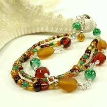 Earthy Bracelet Multi Color Beaded Jewelry Brown Amber Green 3 Strands