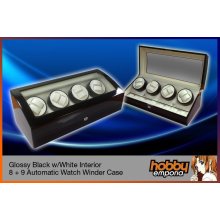 Eight (8) Automatic Watch Winder Box Glossy Black w/White Interior -