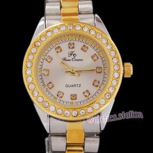 Elegant Lady Womens Rhinestone Golden Steel Quartz Wrist Watch Light Gift