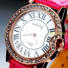 Elegant Sharp Crystal Roman Gold Pink Leather Women Quartz Analog Wrist Watch