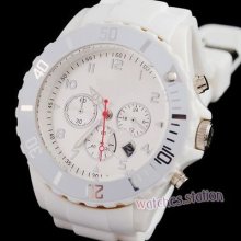 Elegant White Unisex Jelly Date Rubber Sports Wristwatch Decorated Subdial