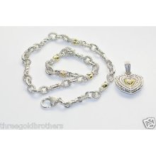 Estate Designer Judith Ripka Sterling And 18k Gold Diamond Heart Necklace