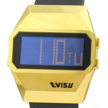 Evisu Sadao Mens Gold Tone Stainless Digital Quartz Watch Ev-7001-03 Leather