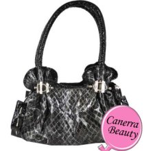 Exotic Patent Python Snakeskin Gathered Frame Satchel Handbag Purse Black