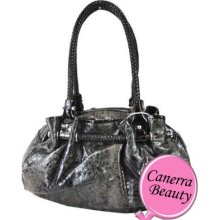 Exotic Python Snakeskin 3 Compartment Gathered Satchel Handbag Purse Black