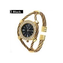 Exquisite Bangle Bracelet Quartz Wrist Watch With Twisted Loop Rhinestones Black