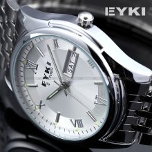 Eyki Men Day Date Silver Stainless Steel Analog Quartz Wrist Watch Dailyetrade