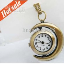 Fahison Antique Spin Crescent Pocket Watch Necklace Dress Moon Watch