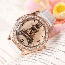 Famous Eiffel Tower Lady Women Fashion Quartz White Leather Wristwatch