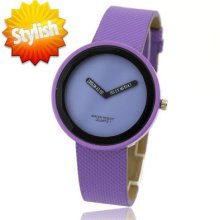 Fashion 2 Hand Dial Men Women Kid Quartz Wrist Watch Light Purple Pu Leather