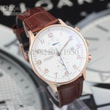 Fashion Automatic Portuguese Brown Leather Band Gold Case White Dial