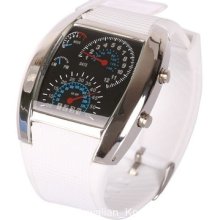 Fashion Aviation Speedometer Blue Led Wrist Watch Silver Dial White